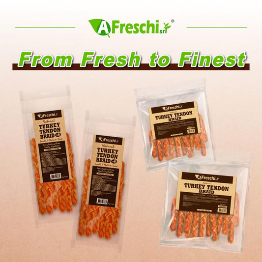 Afreschi Turkey Tendon Dog Treats, 8 oz Braid (for Medium Breeds), USA-Sourced Turkey Tendon, All Natural Puppy Chew, Hypoallergenic, Rawhide Alternative