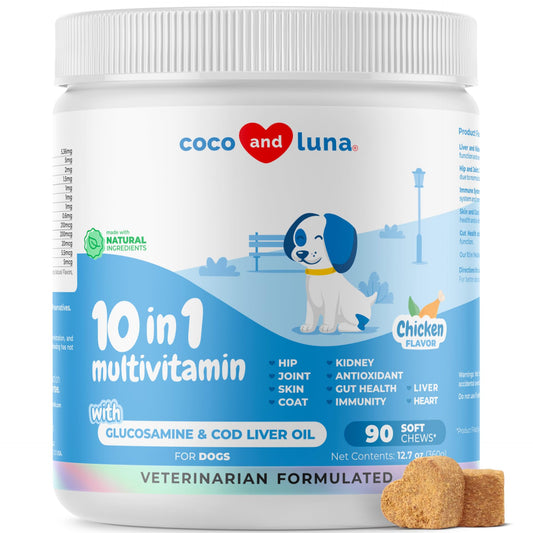 10 in 1 Multivitamin for Dogs - Glucosamine Chondroitin for Joint Support + Digestive Enzymes & Probiotics - Cod Liver Oil & Vitamins with Coq10 for Skin & Heart Health, Gut & Immune Support